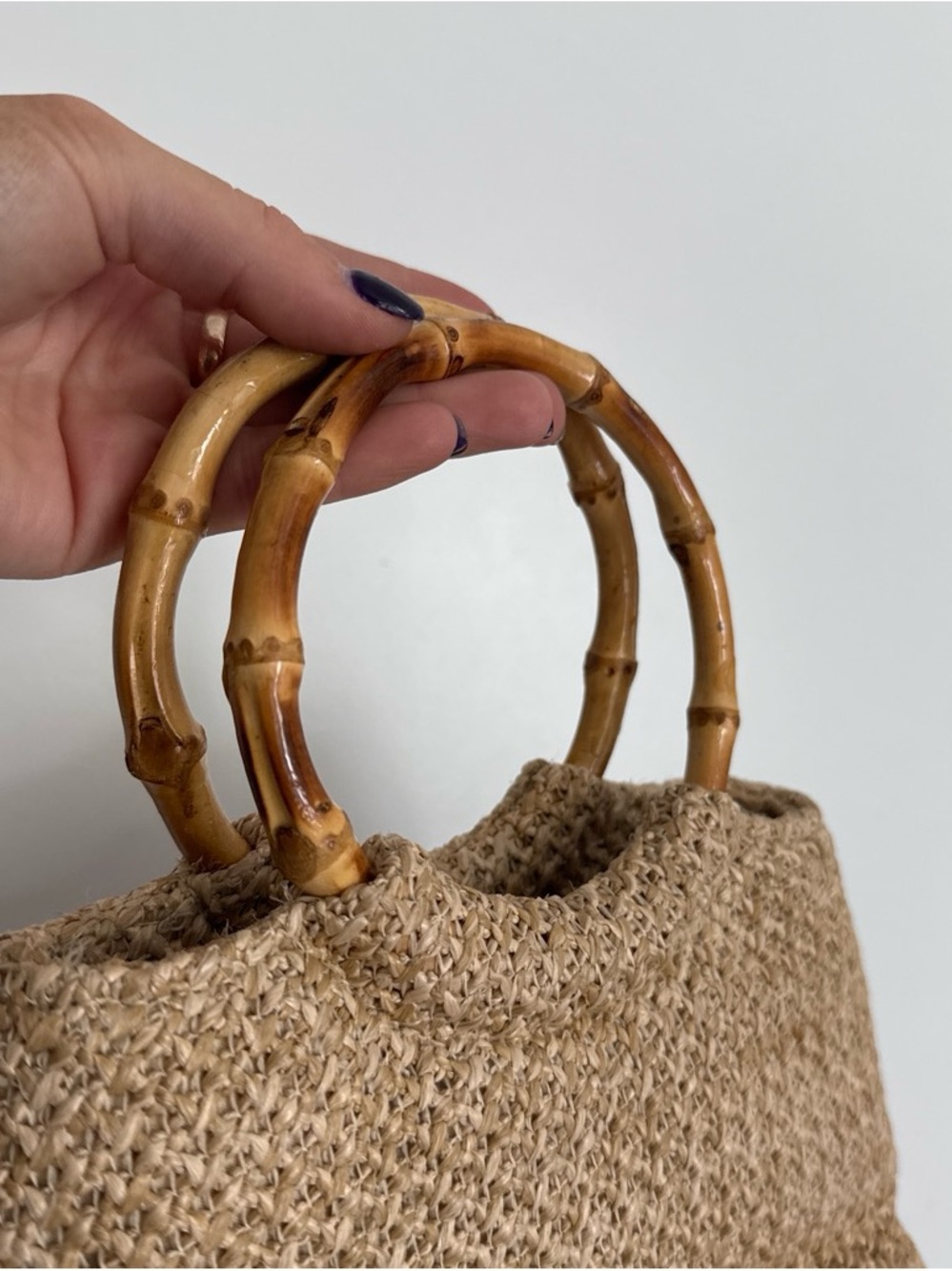 Beige Woven Shoulder Bag with Bamboo Ring Handles - Picture 2 of 3